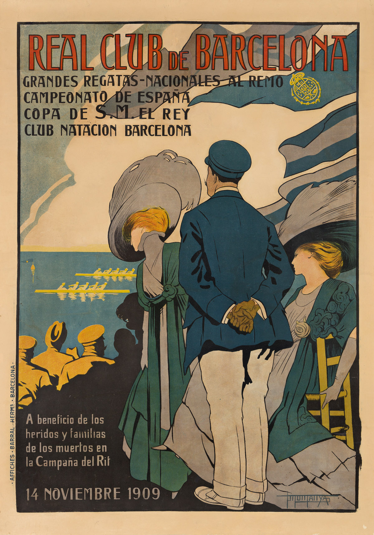 PERE MONTANYÀ (DATES UNKNOWN).  REAL CLUB DE BARCELONA. 1909. 42x29¼ inches, 106¾x74¼ cm. Affiche Barral Herms, Barcelona.